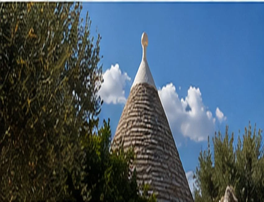 Traditional stone trullo among olive trees