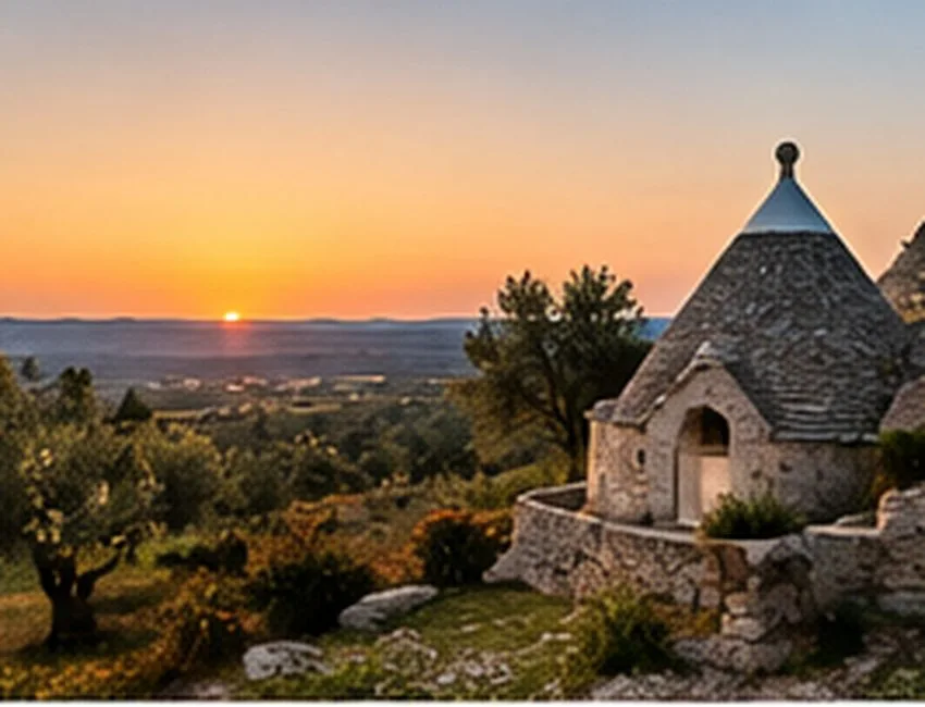 A stone trullo at sunset in the Puglian countryside